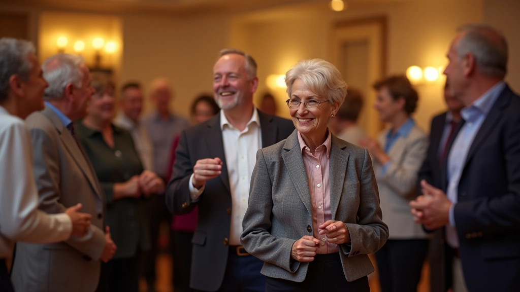 Group of smiling seniors in a circle at a dance venue, chatting and enjoying each other's company between dances