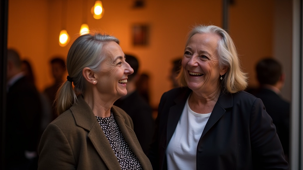 Group of people of mixed ages laughing and socializing at a dance venue entrance, warm evening light, genuine candid moment