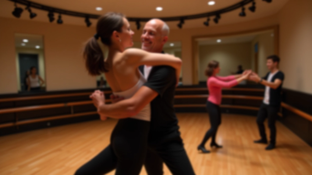 Kizomba dance workshop with instructor demonstrating partner movement in a spacious studio with mirrors