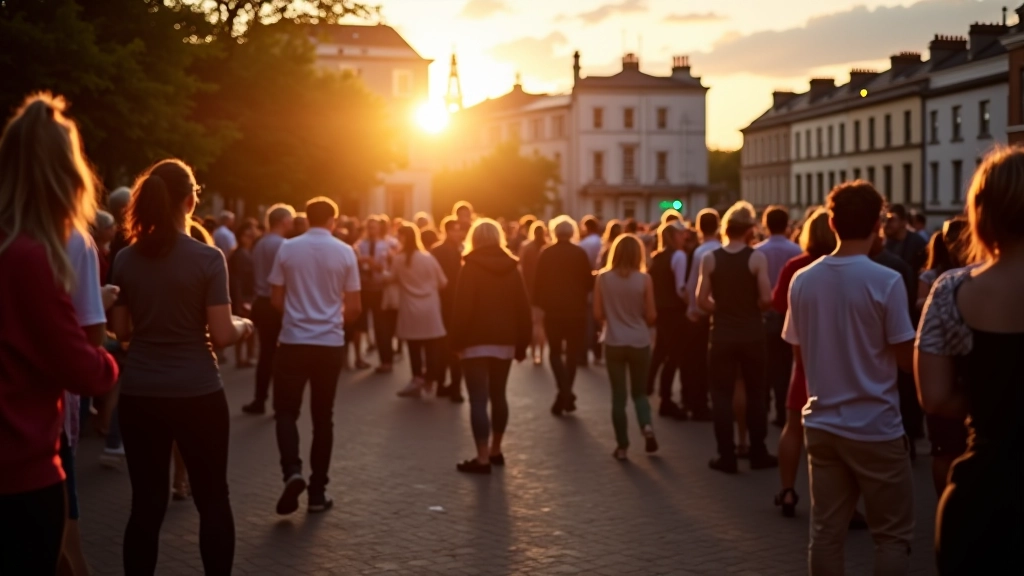 Limerick riverside venue with evening light, people gathered for outdoor dance social, urban Irish setting