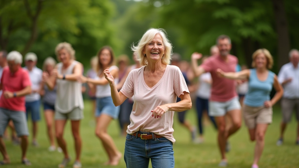 Diverse group of people of various ages dancing together outdoors in casual clothing at a summer festival venue