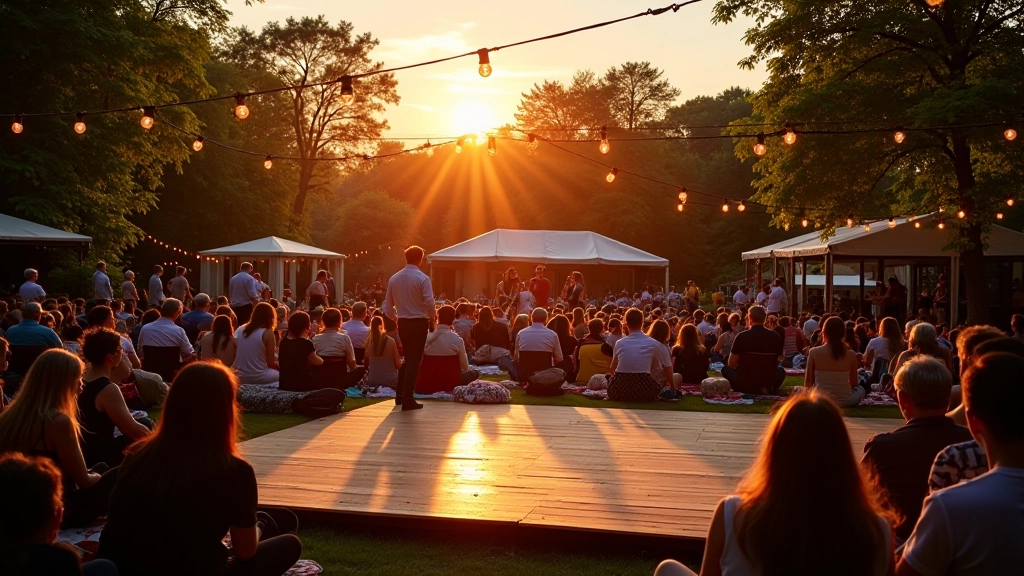 Outdoor festival venue with outdoor dance floor, wooden stage, and spectators enjoying music and movement in summer evening light
