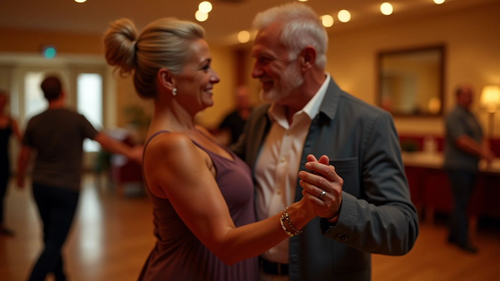 Two mature dancers in proper kizomba frame, holding each other close, moving together with smooth footwork on a studio floor