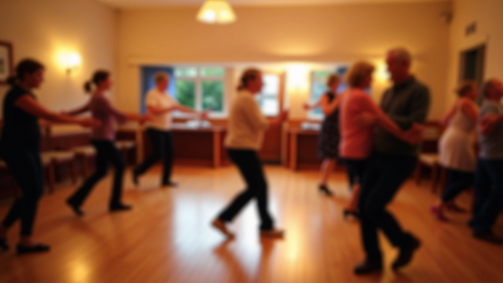 Seniors dancing together in a bright, welcoming community space with warm lighting and wooden floors