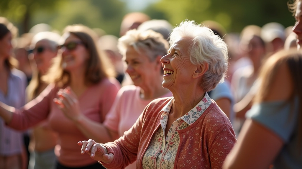 Seniors dancing together at an outdoor Irish summer dance festival with vibrant energy and genuine smiles